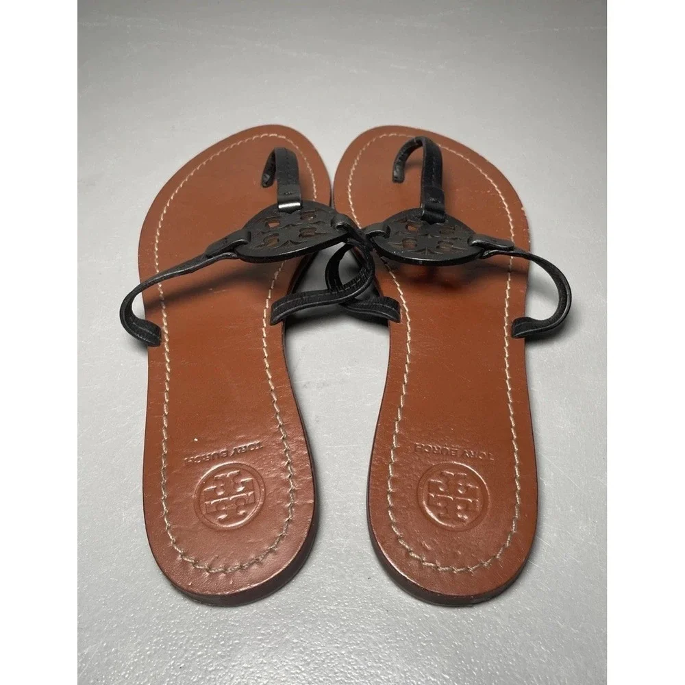 Tory‎ Burch Miller Black Leather Thong Sandals Women's Size 9